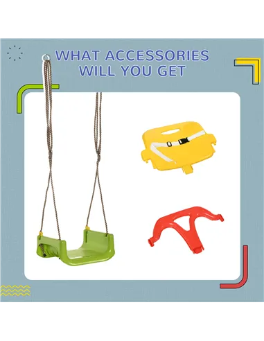 Outsunny 3 in 1 Detachable Kids Swing Seat with Safety Belt, Adjustable Rope for Indoor, Outdoor, Playground, Garden, Green
