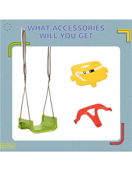 Outsunny 3 in 1 Detachable Kids Swing Seat with Safety Belt, Adjustable Rope for Indoor, Outdoor, Playground, Garden, Green