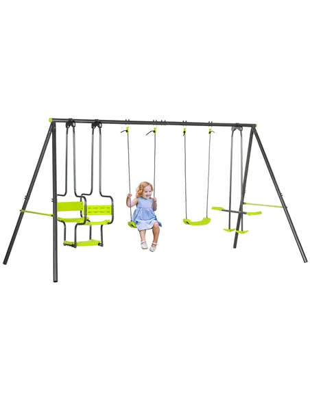 Outsunny Metal Garden Swing Set with Double Swings, Glider, Swing Seats - Green