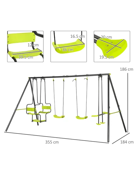 Outsunny Metal Garden Swing Set with Double Swings, Glider, Swing Seats - Green