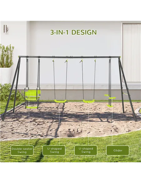 Outsunny Metal Garden Swing Set with Double Swings, Glider, Swing Seats - Green