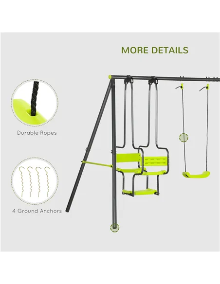 Outsunny Metal Garden Swing Set with Double Swings, Glider, Swing Seats - Green