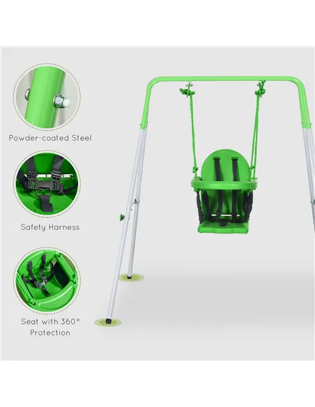 Outsunny Kids Swing, Steel Nursery Swing, with Seatbelt, High Support Back, Front Guard, for Ages 6-36 Months - Green