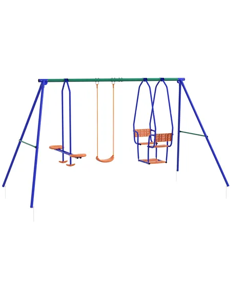 Outsunny Three-In-One Kids Metal Swing Set with Swing, Glider, Rocking Chair Swing, for Ages 3+ years - Orange and Blue