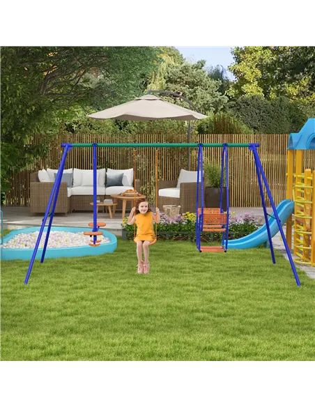 Outsunny Three-In-One Kids Metal Swing Set with Swing, Glider, Rocking Chair Swing, for Ages 3+ years - Orange and Blue