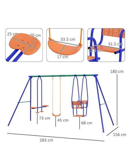 Outsunny Three-In-One Kids Metal Swing Set with Swing, Glider, Rocking Chair Swing, for Ages 3+ years - Orange and Blue