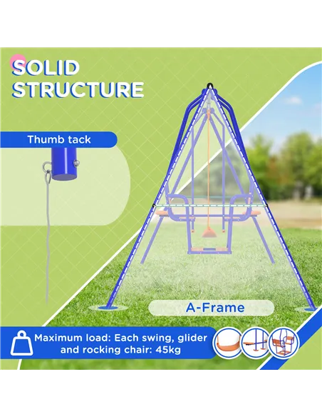 Outsunny Three-In-One Kids Metal Swing Set with Swing, Glider, Rocking Chair Swing, for Ages 3+ years - Orange and Blue