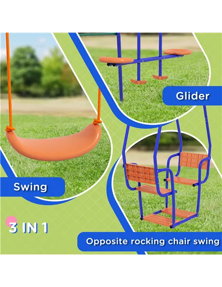 Outsunny Three-In-One Kids Metal Swing Set with Swing, Glider, Rocking Chair Swing, for Ages 3+ years - Orange and Blue