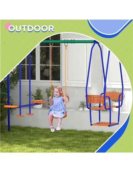 Outsunny Three-In-One Kids Metal Swing Set with Swing, Glider, Rocking Chair Swing, for Ages 3+ years - Orange and Blue
