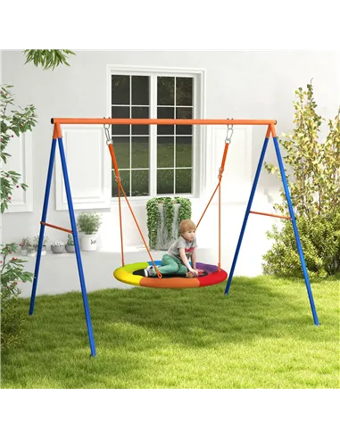 Outsunny Metal Kids Swing Set Nest Swing Seat with A-Frame Structure for Outdoor Use - Multicoloured