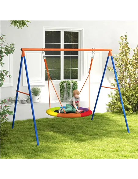 Outsunny Metal Kids Swing Set Nest Swing Seat with A-Frame Structure for Outdoor Use - Multicoloured