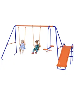 Outsunny Four-In-One Metal Garden Swing Set, with Double Swings, Glider, Slider, Ladder - Orange and Blue