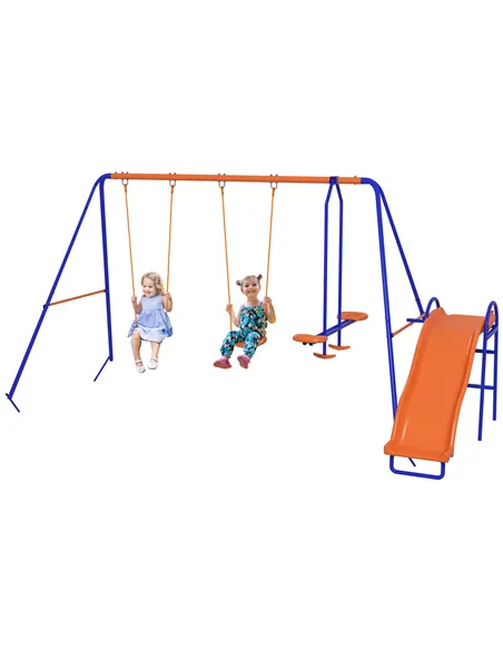 Outsunny Four-In-One Metal Garden Swing Set, with Double Swings, Glider, Slider, Ladder - Orange and Blue