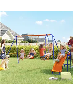 Outsunny Four-In-One Metal Garden Swing Set, with Double Swings, Glider, Slider, Ladder - Orange and Blue 2