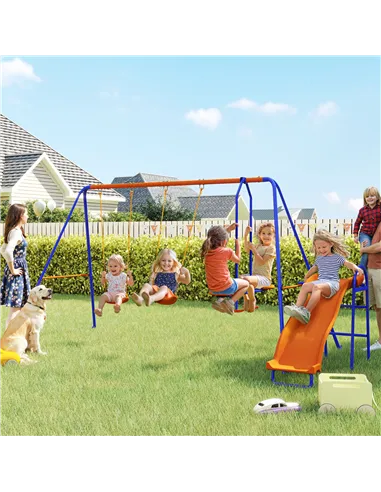 Outsunny Four-In-One Metal Garden Swing Set, with Double Swings, Glider, Slider, Ladder - Orange and Blue