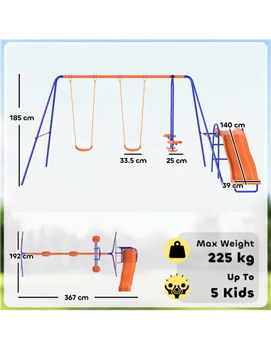 Outsunny Four-In-One Metal Garden Swing Set, with Double Swings, Glider, Slider, Ladder - Orange and Blue