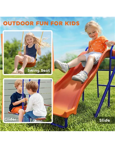 Outsunny Four-In-One Metal Garden Swing Set, with Double Swings, Glider, Slider, Ladder - Orange and Blue