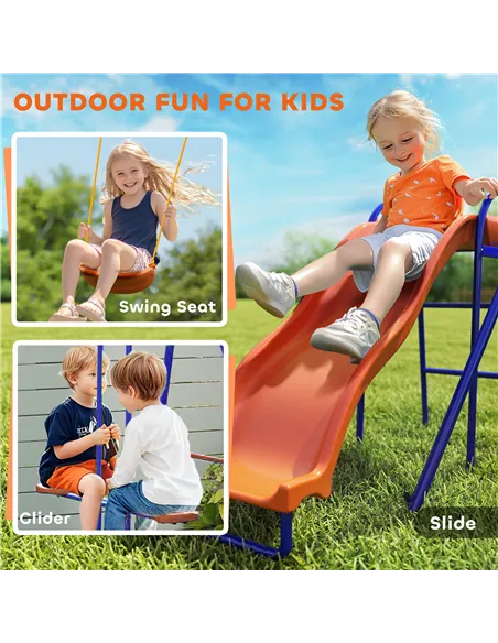 Outsunny Four-In-One Metal Garden Swing Set, with Double Swings, Glider, Slider, Ladder - Orange and Blue