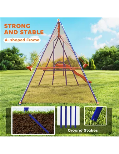 Outsunny Four-In-One Metal Garden Swing Set, with Double Swings, Glider, Slider, Ladder - Orange and Blue