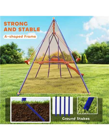 Outsunny Four-In-One Metal Garden Swing Set, with Double Swings, Glider, Slider, Ladder - Orange and Blue