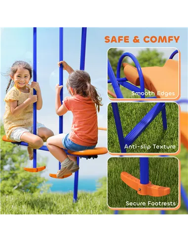 Outsunny Four-In-One Metal Garden Swing Set, with Double Swings, Glider, Slider, Ladder - Orange and Blue