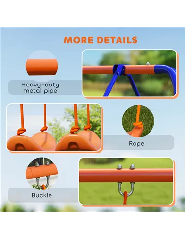 Outsunny Four-In-One Metal Garden Swing Set, with Double Swings, Glider, Slider, Ladder - Orange and Blue