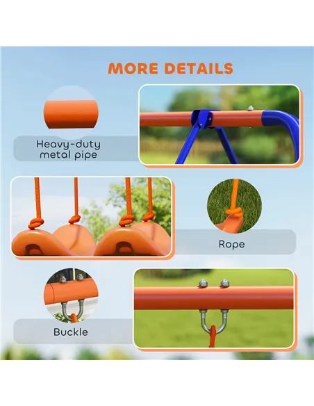 Outsunny Four-In-One Metal Garden Swing Set, with Double Swings, Glider, Slider, Ladder - Orange and Blue