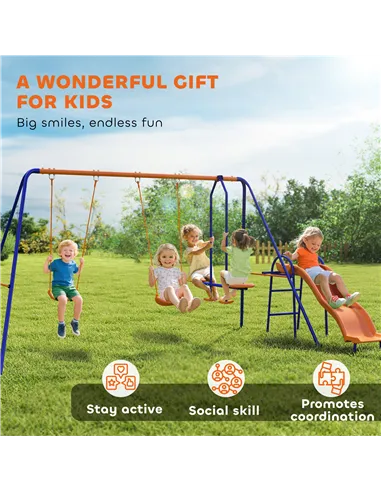 Outsunny Four-In-One Metal Garden Swing Set, with Double Swings, Glider, Slider, Ladder - Orange and Blue