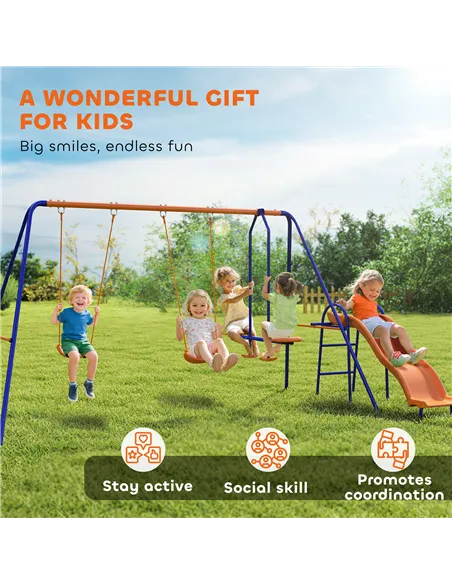 Outsunny Four-In-One Metal Garden Swing Set, with Double Swings, Glider, Slider, Ladder - Orange and Blue