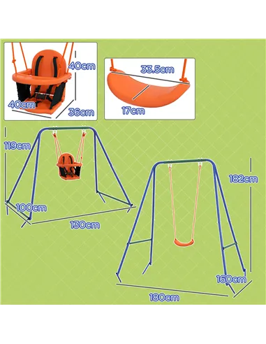 Outsunny Two-In-One Toddler Garden Swing, with Comfortable Seat, Safety Belt - Orange and Blue