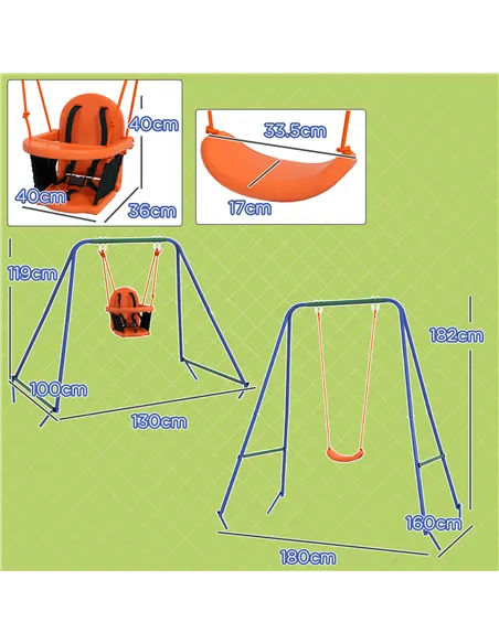 Outsunny Two-In-One Toddler Garden Swing, with Comfortable Seat, Safety Belt - Orange and Blue
