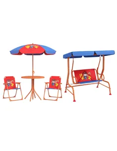 Outsunny 4 Piece Kids Garden Furniture Set with Adjustable Canopy, Cowboy Themed, Kids Garden Table and Chair Set and Double Sea