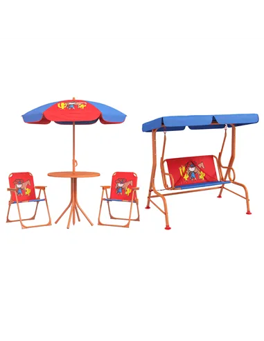 Outsunny 4 Piece Kids Garden Furniture Set with Adjustable Canopy, Cowboy Themed, Kids Garden Table and Chair Set and Double Sea