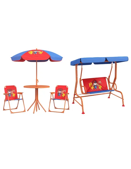 Outsunny 4 Piece Kids Garden Furniture Set with Adjustable Canopy, Cowboy Themed, Kids Garden Table and Chair Set and Double Sea