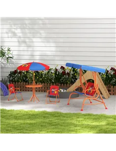 Outsunny 4 Piece Kids Garden Furniture Set with Adjustable Canopy, Cowboy Themed, Kids Garden Table and Chair Set and Double Sea 2