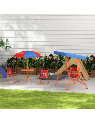 Outsunny 4 Piece Kids Garden Furniture Set with Adjustable Canopy, Cowboy Themed, Kids Garden Table and Chair Set and Double Sea