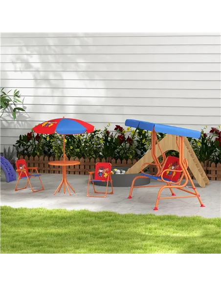 Outsunny 4 Piece Kids Garden Furniture Set with Adjustable Canopy, Cowboy Themed, Kids Garden Table and Chair Set and Double Sea