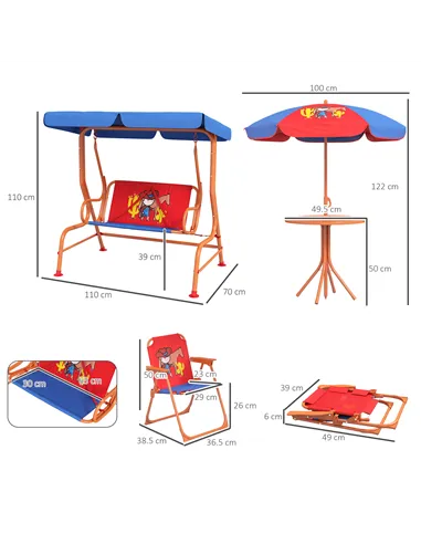 Outsunny 4 Piece Kids Garden Furniture Set with Adjustable Canopy, Cowboy Themed, Kids Garden Table and Chair Set and Double Sea