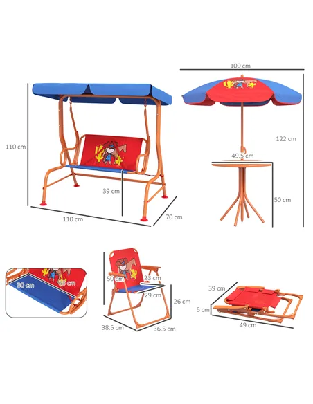 Outsunny 4 Piece Kids Garden Furniture Set with Adjustable Canopy, Cowboy Themed, Kids Garden Table and Chair Set and Double Sea