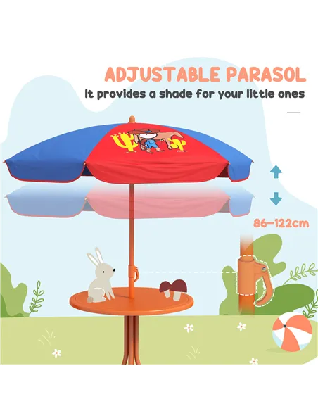 Outsunny 4 Piece Kids Garden Furniture Set with Adjustable Canopy, Cowboy Themed, Kids Garden Table and Chair Set and Double Sea