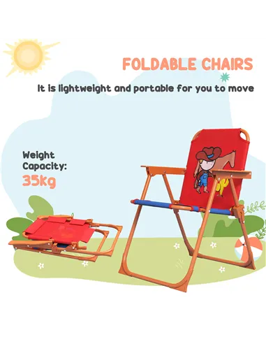 Outsunny 4 Piece Kids Garden Furniture Set with Adjustable Canopy, Cowboy Themed, Kids Garden Table and Chair Set and Double Sea