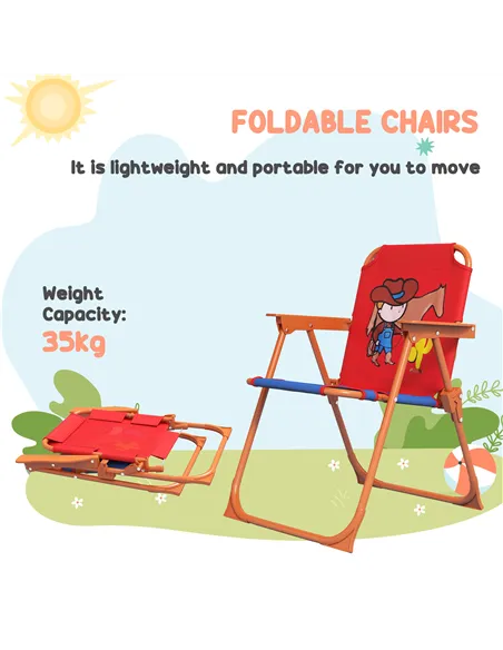 Outsunny 4 Piece Kids Garden Furniture Set with Adjustable Canopy, Cowboy Themed, Kids Garden Table and Chair Set and Double Sea