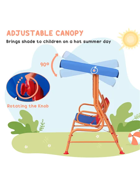 Outsunny 4 Piece Kids Garden Furniture Set with Adjustable Canopy, Cowboy Themed, Kids Garden Table and Chair Set and Double Sea