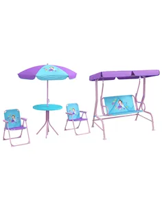Outsunny 4PCs Kids Garden Furniture Set w/ 2 Seater Garden Swing Chair with Adjustable Canopy, Childrens Table and Chair Set wit