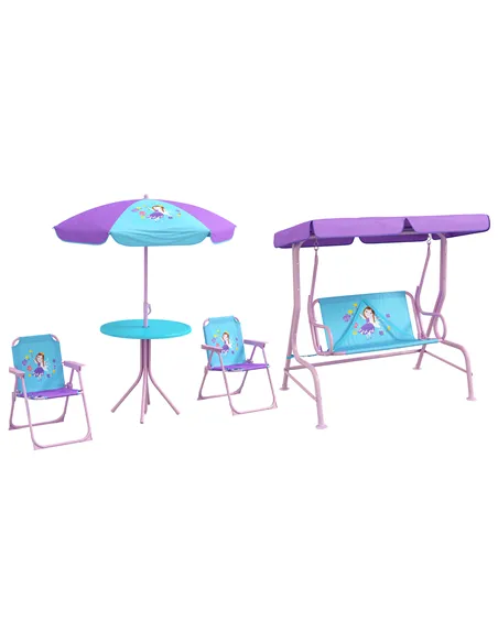 Outsunny 4PCs Kids Garden Furniture Set w/ 2 Seater Garden Swing Chair with Adjustable Canopy, Childrens Table and Chair Set wit