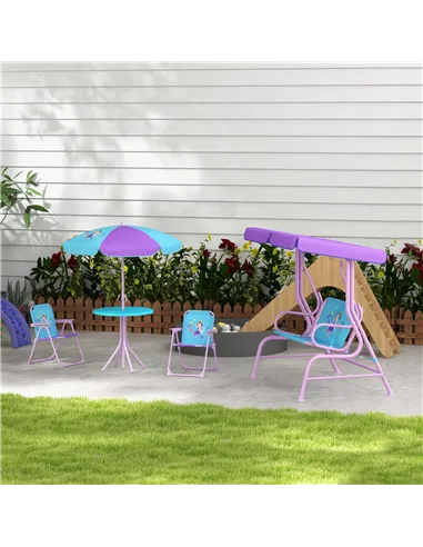 Outsunny 4PCs Kids Garden Furniture Set w/ 2 Seater Garden Swing Chair with Adjustable Canopy, Childrens Table and Chair Set wit