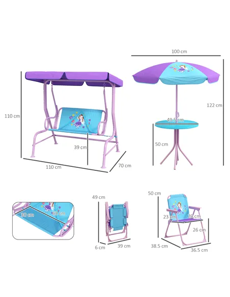 Outsunny 4PCs Kids Garden Furniture Set w/ 2 Seater Garden Swing Chair with Adjustable Canopy, Childrens Table and Chair Set wit