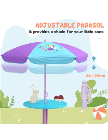 Outsunny 4PCs Kids Garden Furniture Set w/ 2 Seater Garden Swing Chair with Adjustable Canopy, Childrens Table and Chair Set wit