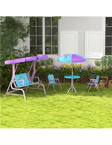 Outsunny 4PCs Kids Garden Furniture Set w/ 2 Seater Garden Swing Chair with Adjustable Canopy, Childrens Table and Chair Set wit