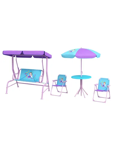 Outsunny 4PCs Kids Garden Furniture Set w/ 2 Seater Garden Swing Chair with Adjustable Canopy, Childrens Table and Chair Set wit